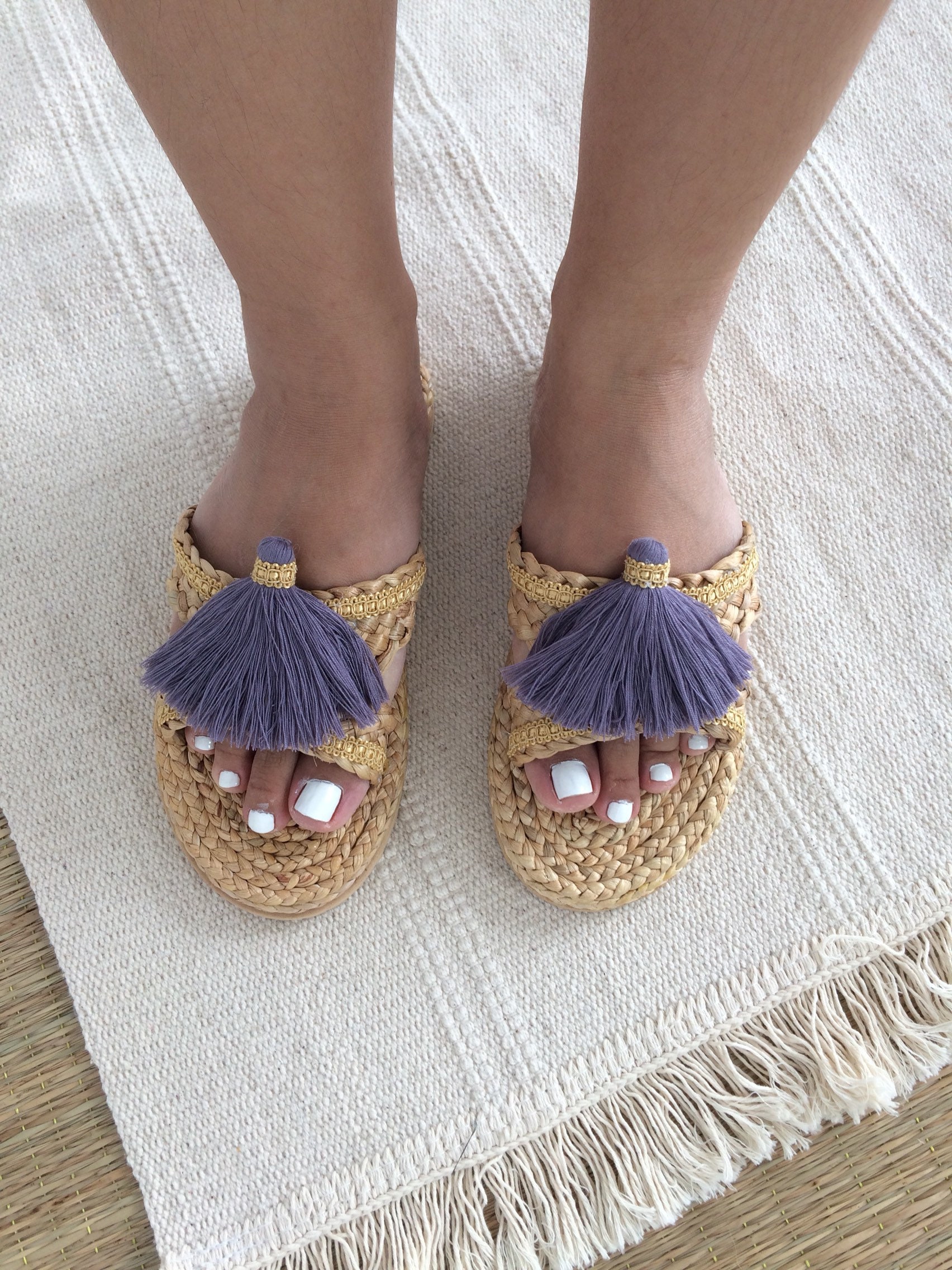 Tassel Relaxing Sandals / Greek Sandals / Beach Sandals / Pom | Etsy