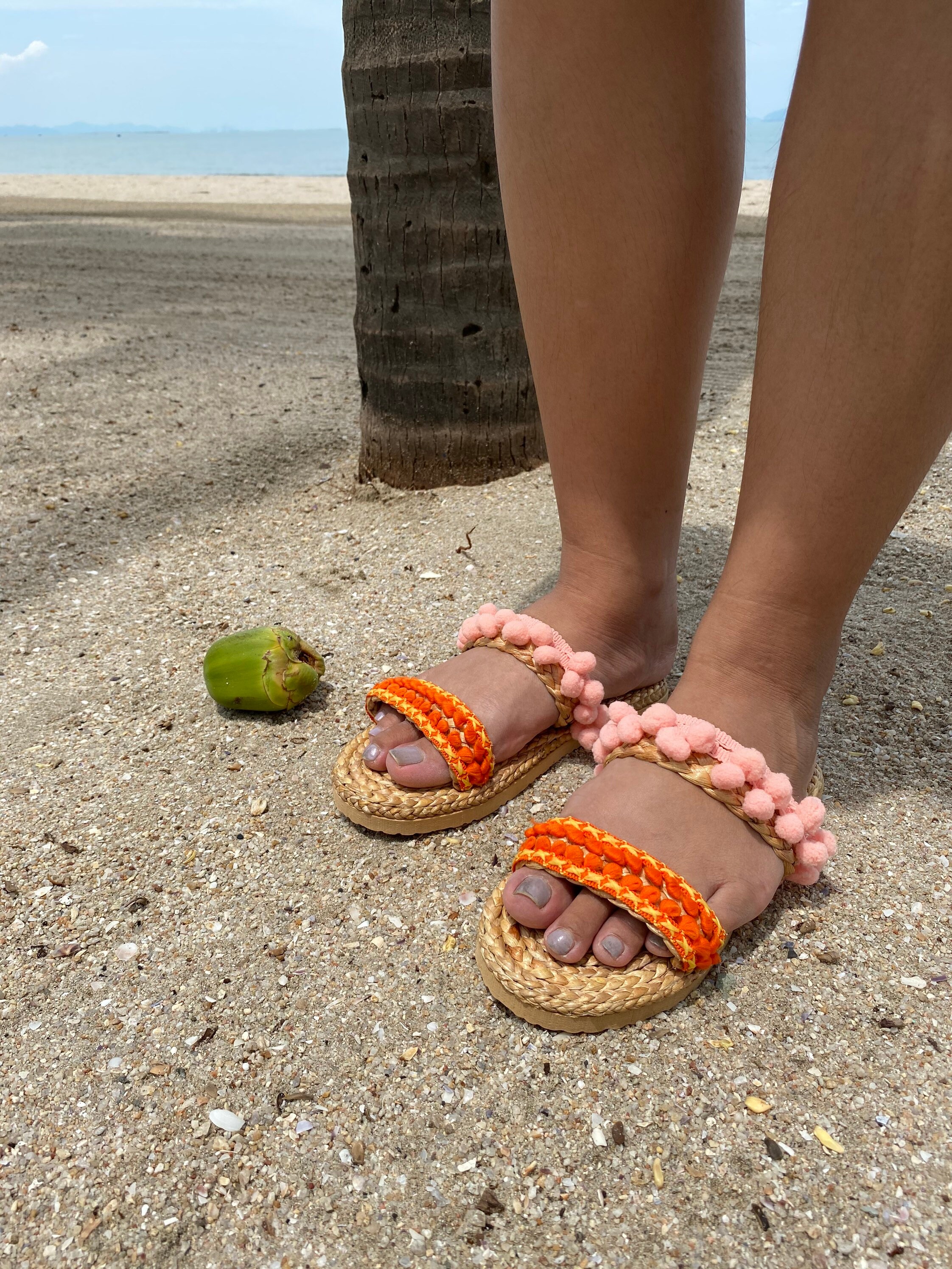 PEACH poms Sandals Woman Wedding Pom poms sandals / Greek Etsy