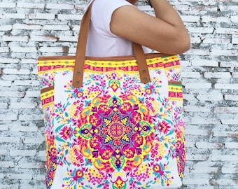 Beach Wedding Tote Bag: Bespoke White Canvas, Colorful Mandala