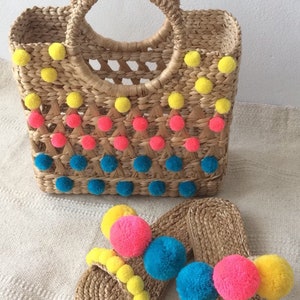 PREORDER Mama mini pom pom Woven Bag, Straw Bag, Beach Bag, Straw Hand bags, Straw Tote, Straw purse, Boho Bags seagrass bag wicker bag image 5