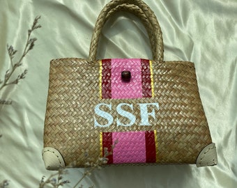 Velmar) Monogrammed Straw Beach Bag, Personalized Top Handle Basket (7*10 inches)