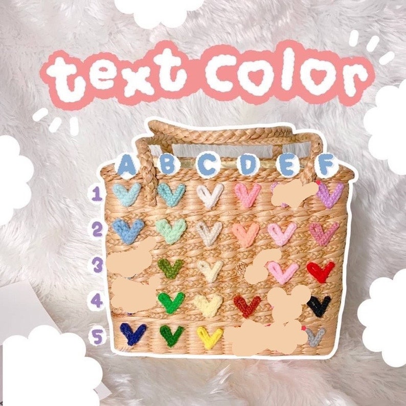 May include: A straw bag with a woven design and a handle. The bag is decorated with colorful heart-shaped patches. The letters A, B, C, D, E, and F are written on the bag.