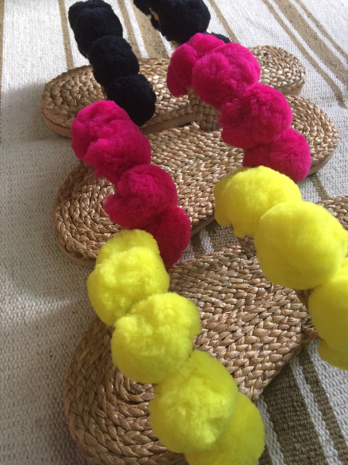 sandals with fluffy pom poms