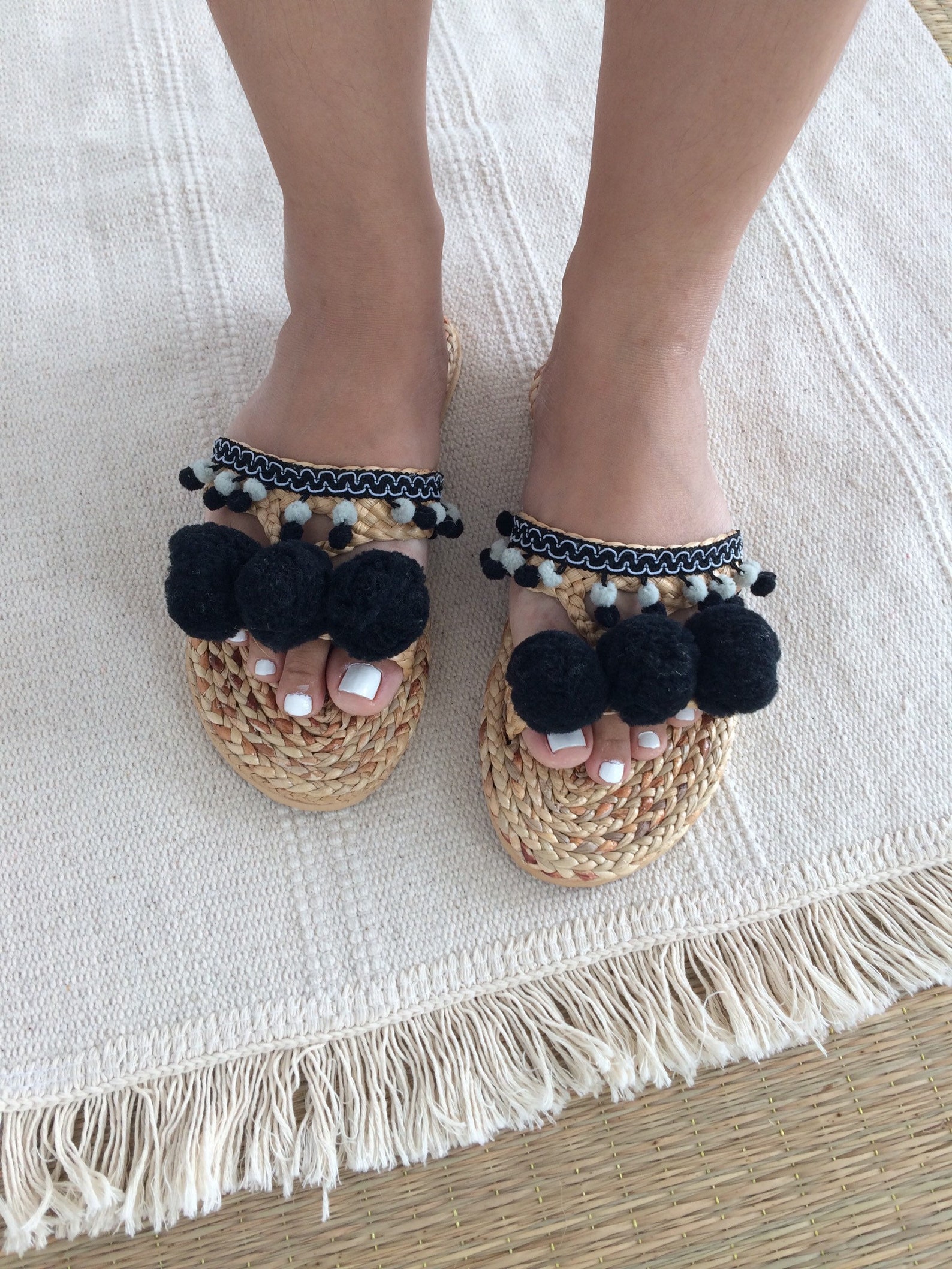 Black and White Pom poms sandals / Greek Sandals / Beach Etsy