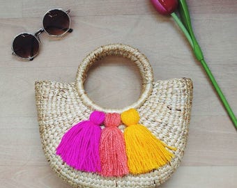 Mia) Straw Bag with tassel for bridesmaid Gift / Summer Straw Basket / Jute bags / pompom bags grocery bags / Straw Beach bag / wicker bag