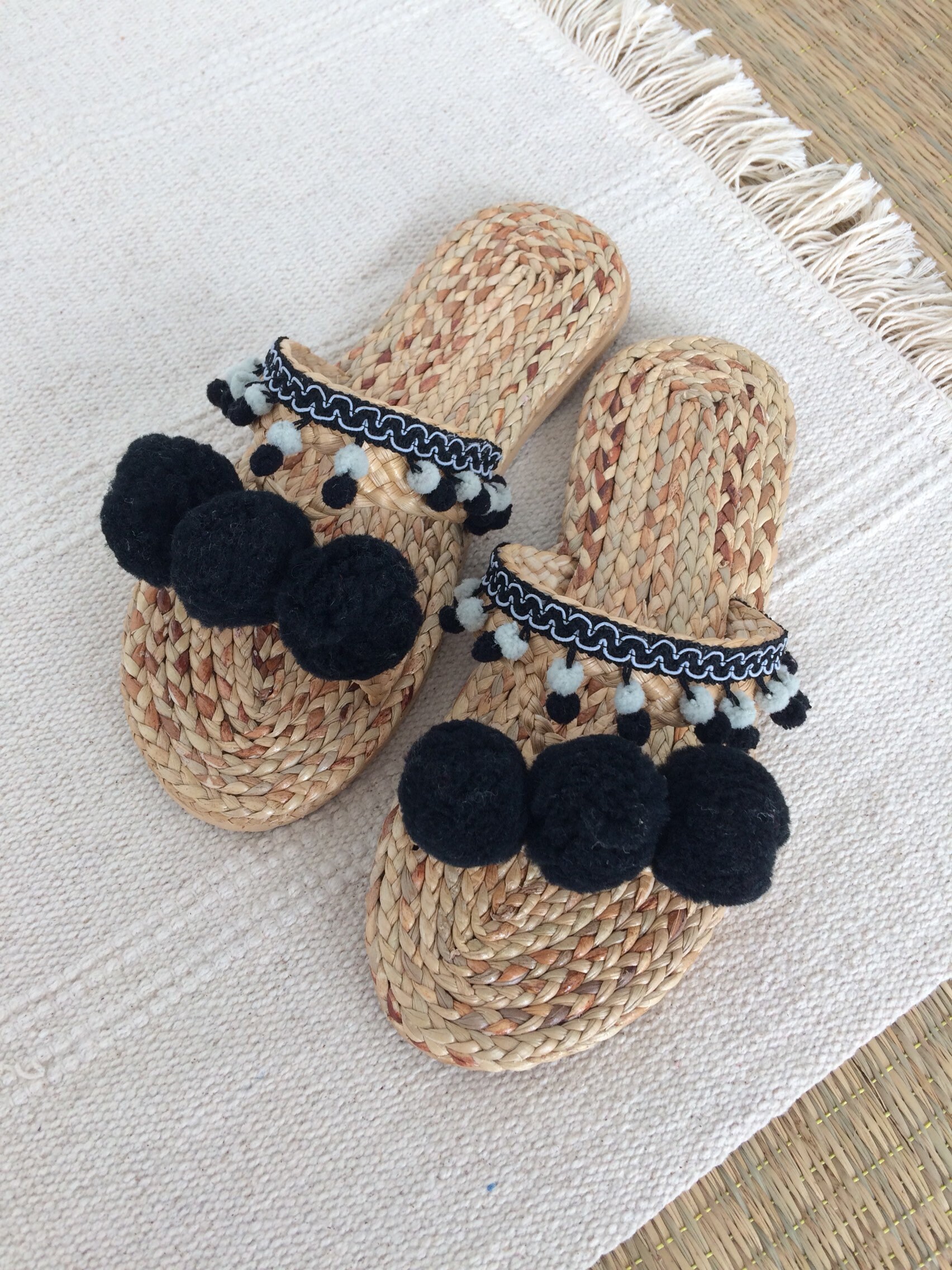 Black and White Pom poms sandals / Greek Sandals / Beach Etsy