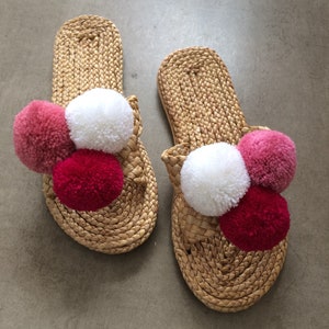 Mexico Sandals straw with Pom poms Bridal shower / margs and matrimony / Party Gifts / Greek Sandals / Bachelorette Slippers BOHP image 6