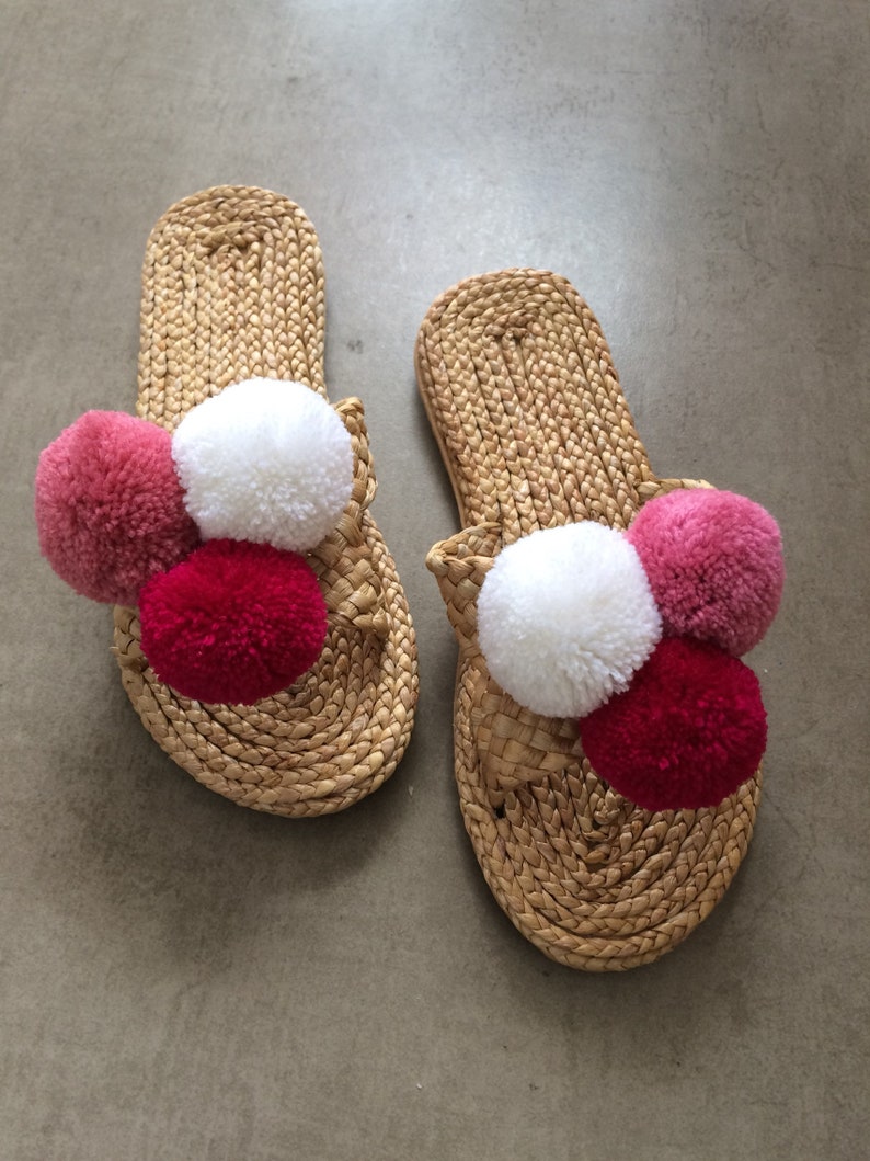 Mexico Sandals straw with Pom poms Bridal shower / margs and matrimony / Party Gifts / Greek Sandals / Bachelorette Slippers BOHP image 6