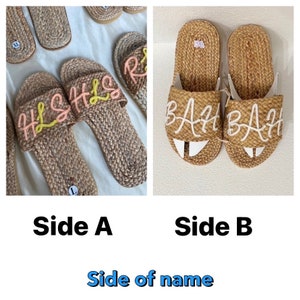 May include: Two pairs of straw sandals with embroidered text. One pair says "HLS HLS" in pink and yellow thread. The other pair says "BATH BATH" in white thread.