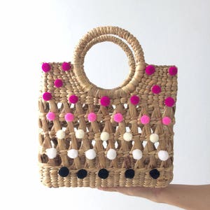 PREORDER Mama mini pom pom Woven Bag, Straw Bag, Beach Bag, Straw Hand bags, Straw Tote, Straw purse, Boho Bags seagrass bag wicker bag image 1