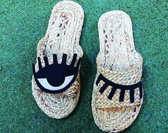 Eye Sandals / Greek Sandals / Beach Sandals / Gift / Woman / Summer Pom Pom Sandals- BOHP