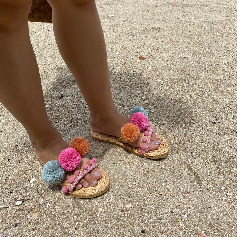 Havana Pom Poms Sandals / Greek Sandals / Beach Sandals / Pom Etsy