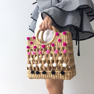 PREORDER Mama mini pom pom Woven Bag, Straw Bag, Beach Bag, Straw Hand bags, Straw Tote, Straw purse, Boho Bags seagrass bag wicker bag image 2