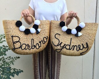 Straw Bag, Beach Bag, Straw Hand bags, Straw Tote, Straw purse, Straw Beach bag Bridal Squad pom pom bags Basket Bag