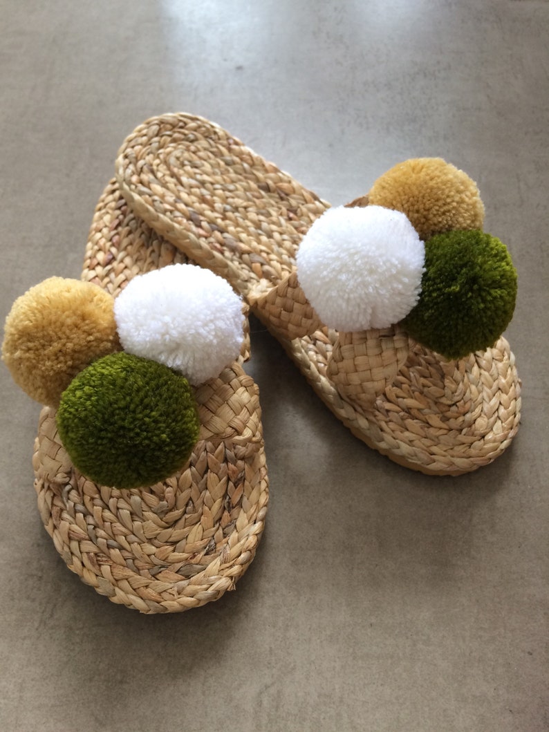 Mexico Sandals straw with Pom poms Bridal shower / margs and matrimony / Party Gifts / Greek Sandals / Bachelorette Slippers BOHP image 5