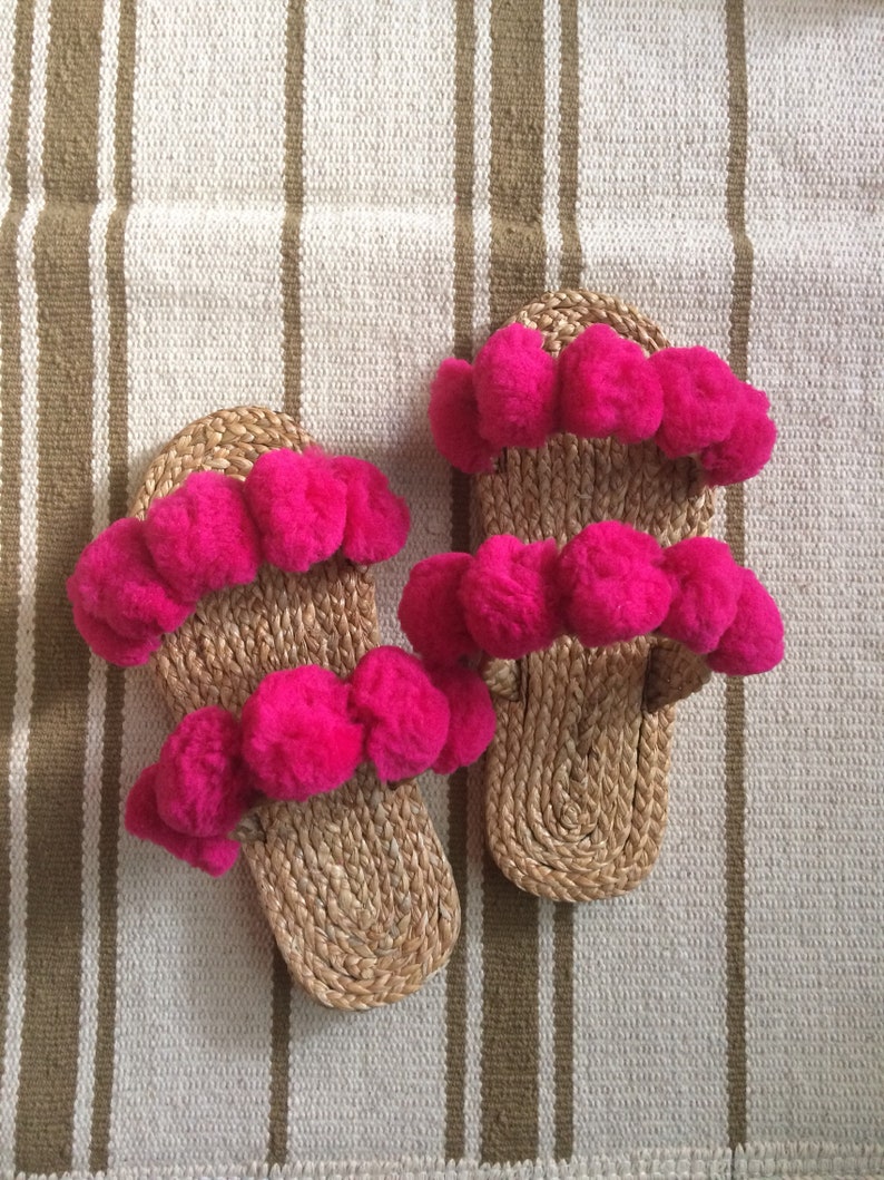 Fluffy Slippers/ Pom Poms Sandals / Greek Sandals / Beach Etsy