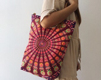 BUY 1 Get 1 ) BOHP quinceanera favor Brown Mandala Beach Bag - Canvas Tote bag, Handle Synthetic Leather Bohemian style