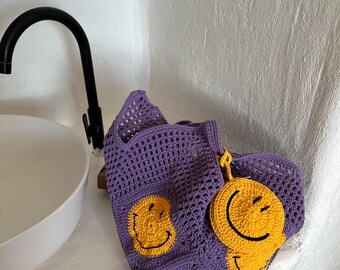 Crochet Smiley Tote Bag, Summer Beach Gift