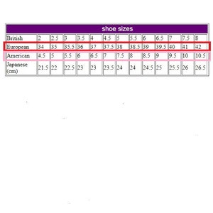 May include: A chart showing shoe sizes in British, European, American, Japanese, and centimeters.