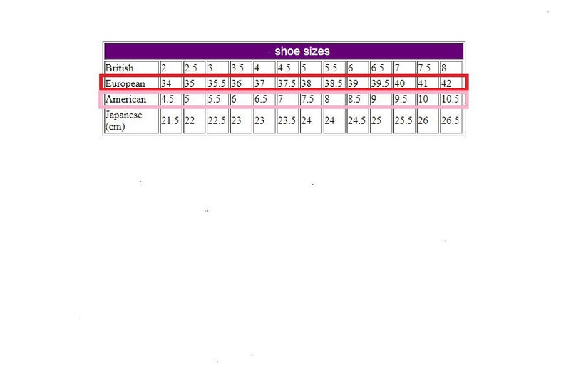 May include: A chart showing shoe sizes in British, European, American, Japanese, and centimeters.