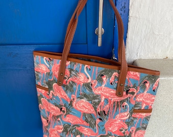 Flamingo Print Canvas Tote Bag: Boho Beach Wedding Weekender