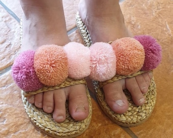 Pom Pom Straw Sandals: Beach Wedding Bridal Slippers
