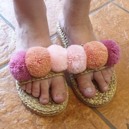 Fluffy Slippers/ Pom Poms Sandals / Greek Sandals / Beach Etsy