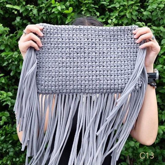 Grey Bohemian Fringe Handbag /Fringe Crochet Bag / Purse Bag / | Etsy