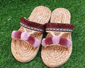 Relaxing Sandals / Greek Sandals / Beach Sandals / Pom poms Straw Sandals Bachelorette party/ Slippers- BOHP