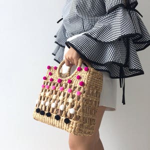 PREORDER Mama mini pom pom Woven Bag, Straw Bag, Beach Bag, Straw Hand bags, Straw Tote, Straw purse, Boho Bags seagrass bag wicker bag image 3