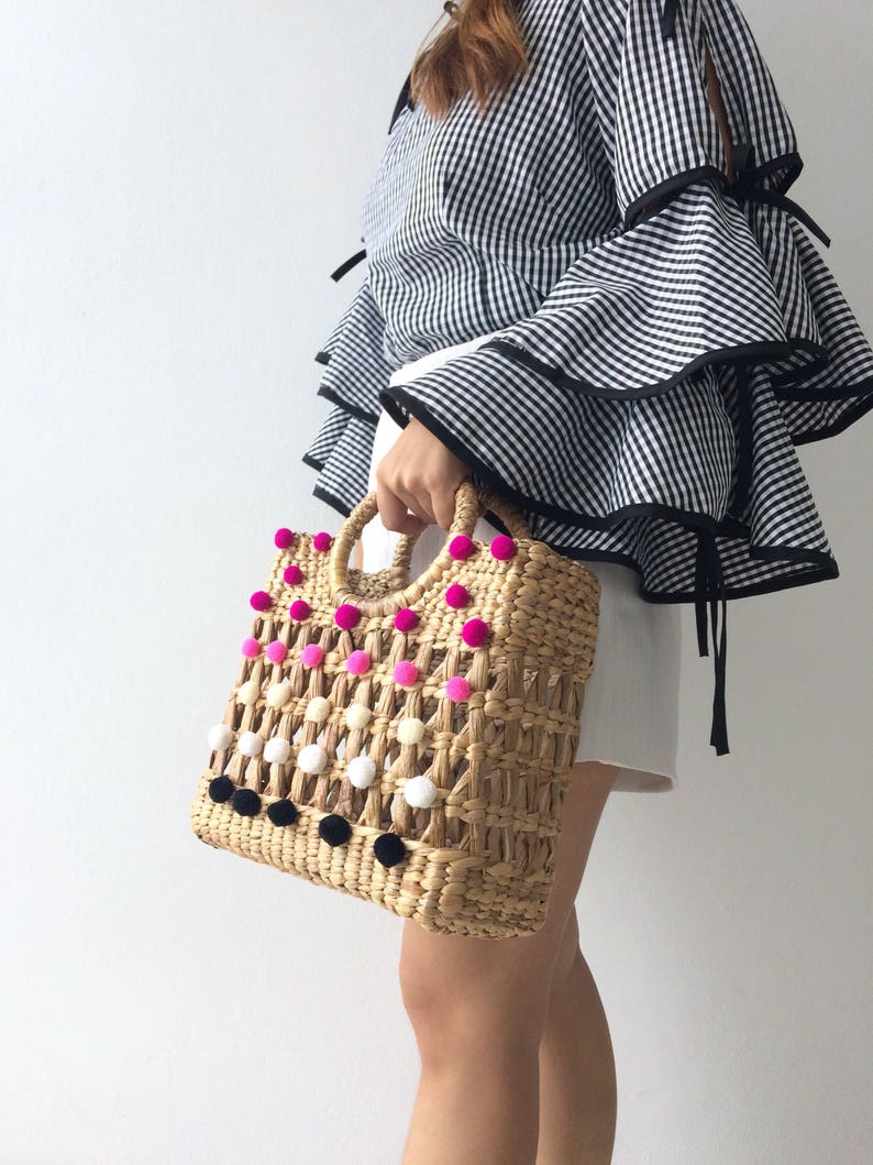 PREORDER Mama mini pom pom Woven Bag, Straw Bag, Beach Bag, Straw Hand bags, Straw Tote, Straw purse, Boho Bags seagrass bag wicker bag image 3