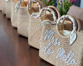 BELLA ) Straw Embroidered Tote Bag: Natural Water Hyacinth, Beach Party, Bridesmaid Accessory