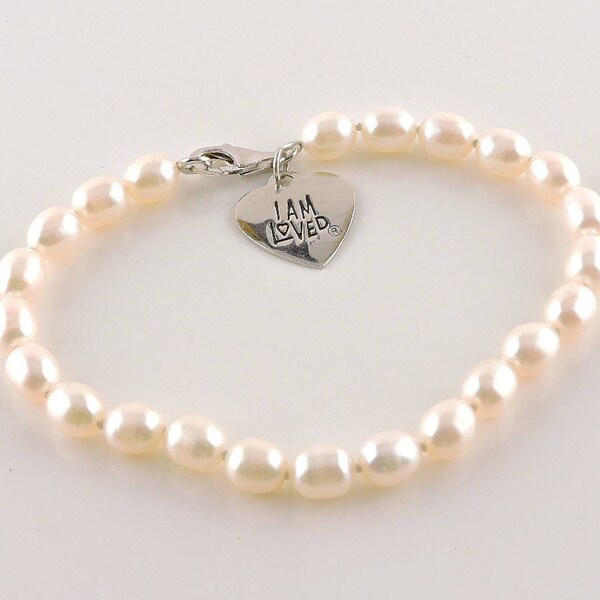 Sterling Silver And Pearl "I Am Loved" Charm Bracelet 8"