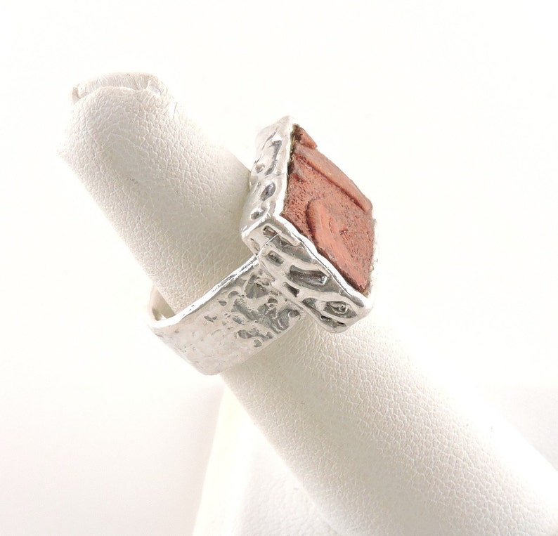 Size 6 Sterling Silver Chunky Textured Flat Bottom Ring With Carved Leather Insert