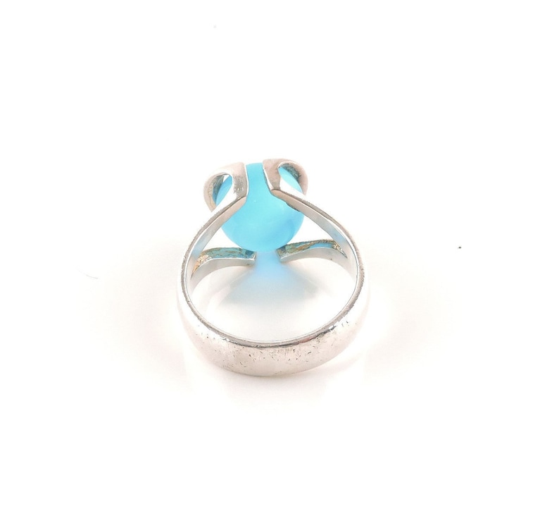 Size 6.5 Sterling Silver Floating Aqua Glass Cats Eye Band Ring