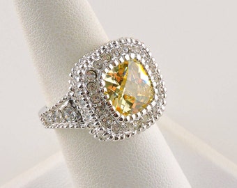 Size 7 Silver Tone 4ct Yellow Checkerboard Center Stone Ring With Accent Stones