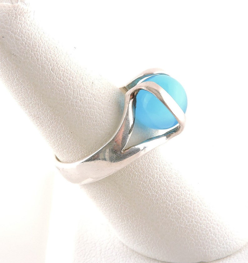 Size 6.5 Sterling Silver Floating Aqua Glass Cats Eye Band Ring