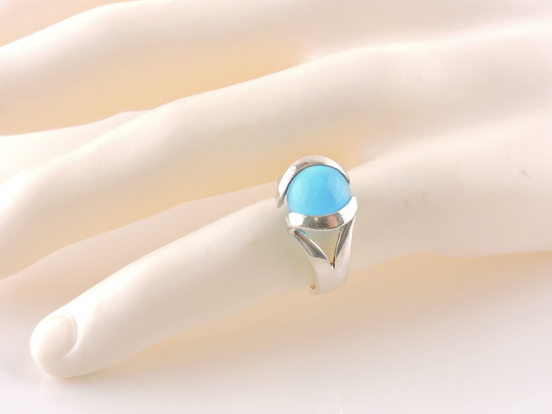 Size 6.5 Sterling Silver Floating Aqua Glass Cats Eye Band Ring