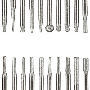 May include: A set of 20 silver-colored diamond-tipped drill bits for use with a rotary tool. The bits are arranged in two rows of ten, with the tips facing the viewer.