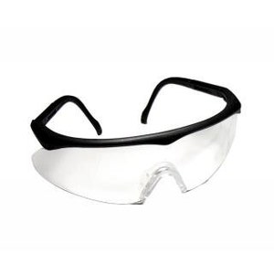 May include: Clear safety glasses with black frames. The glasses have a wraparound design and are made of durable plastic.