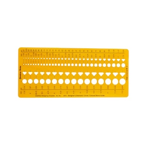May include: A yellow plastic jewelry design template with a gemstone series guide. The guide includes circles and triangles of different sizes in millimeters, from 1.25 mm to 11.75 mm.