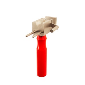 May include: A silver metal tool with a red handle, used for bending metal tubing.