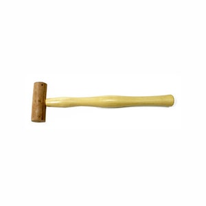 May include: A wooden mallet with a brown rubber head. The mallet has a long, slender handle.