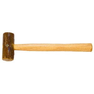 May include: A wooden mallet with a brown rubber head. The handle is made of light wood.