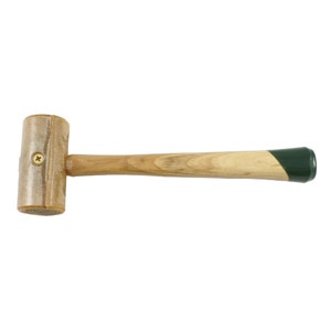 May include: A wooden mallet with a leather head and a green painted handle. The head is secured with a screw.
