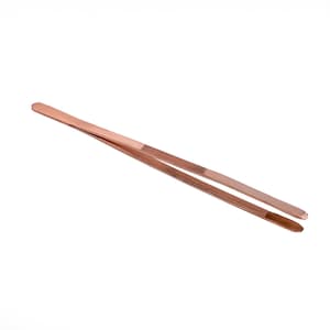 May include: Rose gold tweezers with a textured grip and a pointed tip.