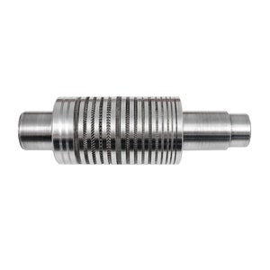 May include: A cylindrical metal tool with a series of parallel, textured patterns. The tool has a central, patterned section and cylindrical extensions on each end. The metal has a silver color and a matte finish.