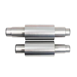 May include: Two cylindrical metal objects with a brushed steel finish. Each has a central barrel shape with smaller cylindrical extensions on both ends. The objects are arranged parallel to each other against a white background.
