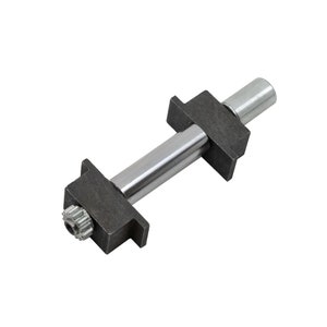 May include: A silver metal shaft with a gear on one end and two black metal plates on either side. The shaft is attached to the plates with screws.