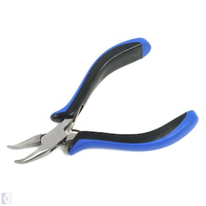 May include: Angled needle-nose pliers with a silver metal head and black and blue handles. The pliers have curved jaws and are designed for precision work. The handles are ergonomically shaped for a comfortable grip.